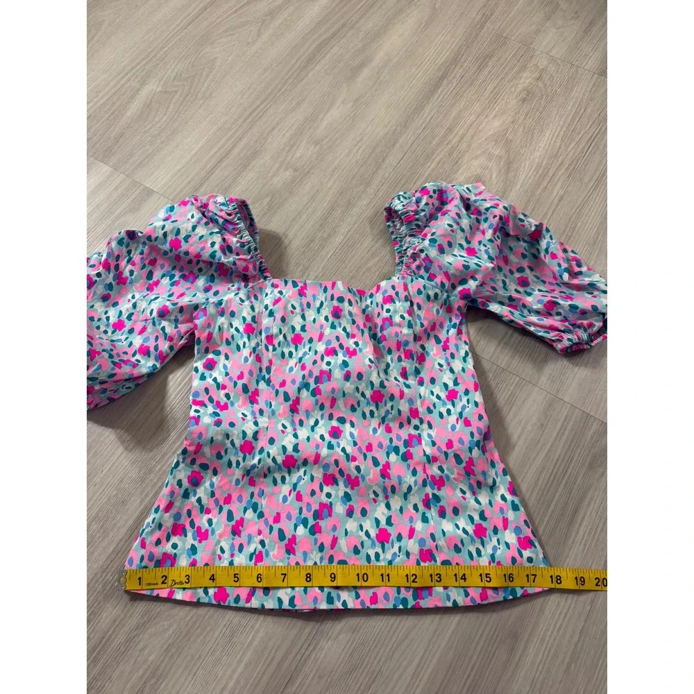 Lilly Pulitzer Pink Blue Puff Sleeve Square Neck Smocked Back Top Size 0